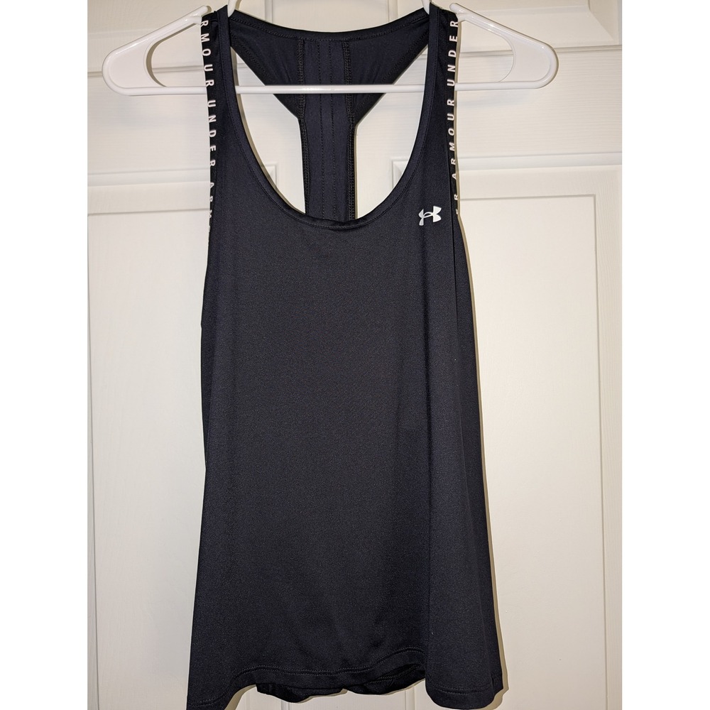 Under Armour Womens Black Racerback Tank Top Logo Tape Athletic Gym Shirt XS